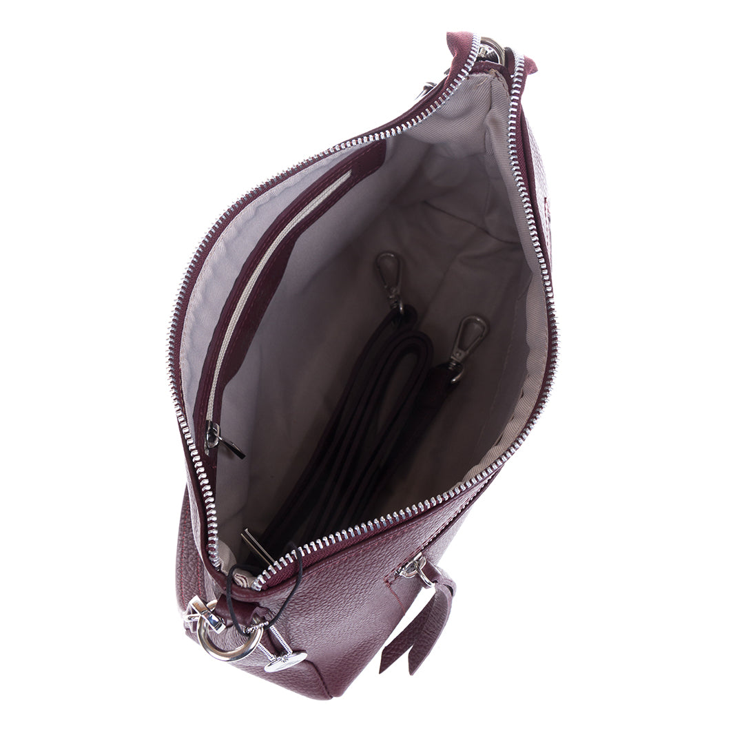 Tony Perotti Borsa CA01A-18BO burgundy leather bag open from above with the detachable strap coiled inside