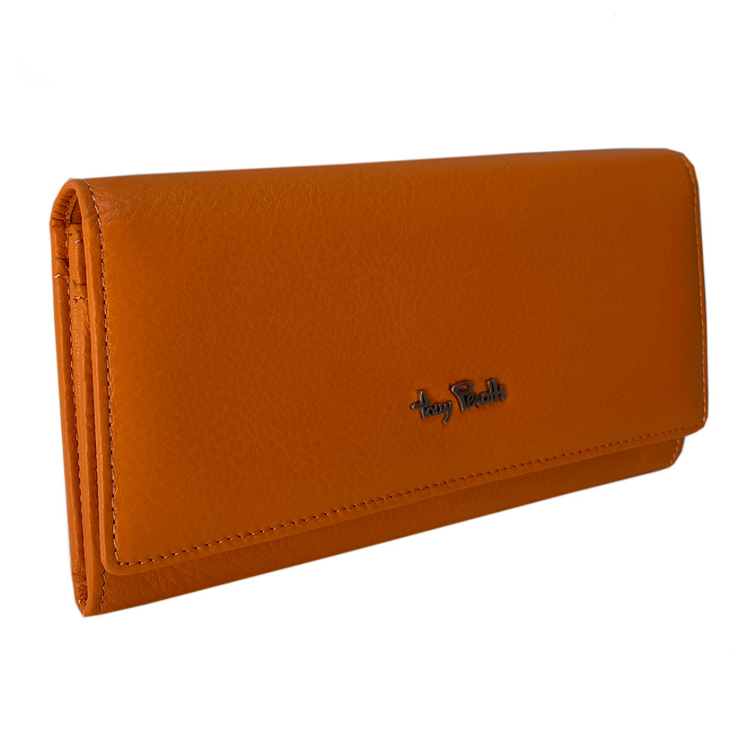 Tony Perotti orange leather flap wallet — angled closed front view