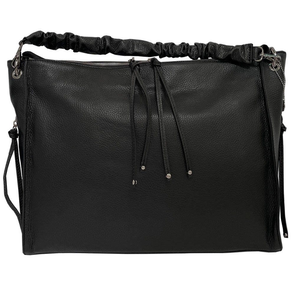 The other face of the Borsa CA020 shoulder bag — the gathered leather handle on its snap hooks and the leather zip pulls with their metal tips