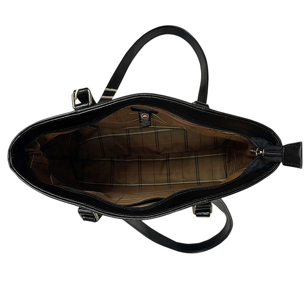 Inside the Tony Perotti Italico 8225 nero tote — woven check lining in olive and sand, zipped pocket along one wall and the stitched-in authenticity tag