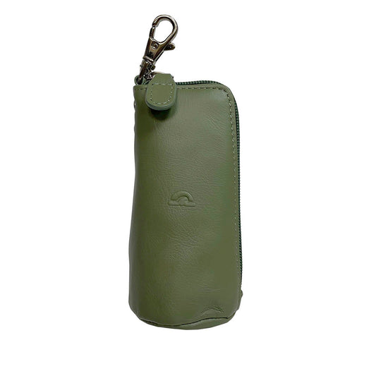 Tony Perotti New Rainbow 4025 salvia — sage green leather key case standing upright, the swivel snap hook on top and the embossed Tony Perotti turtle