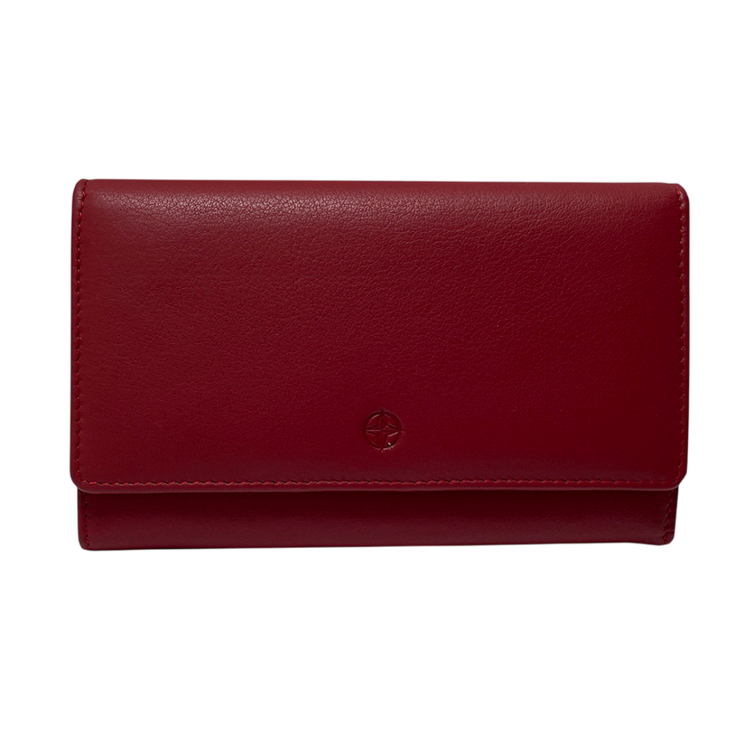 Red Tony Perotti Cortina 5008 flap wallet seen straight on, closed, with the embossed compass rose on the flap