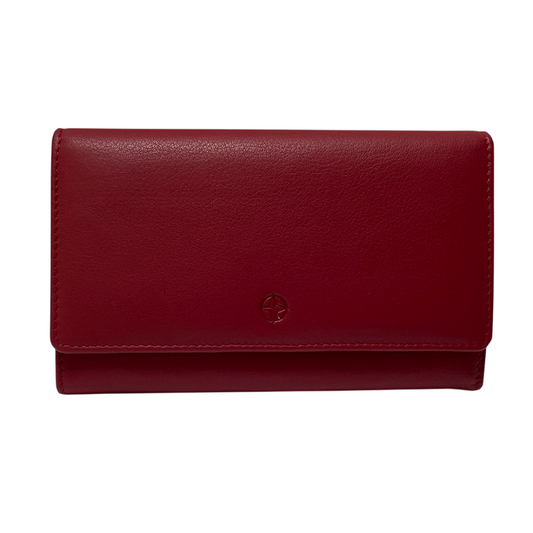 Red Tony Perotti Cortina 5008 flap wallet seen straight on, closed, with the embossed compass rose on the flap