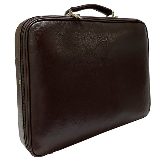Tony Perotti Italico 8751 moro briefcase, three-quarter view showing the perimeter zip and rounded corners