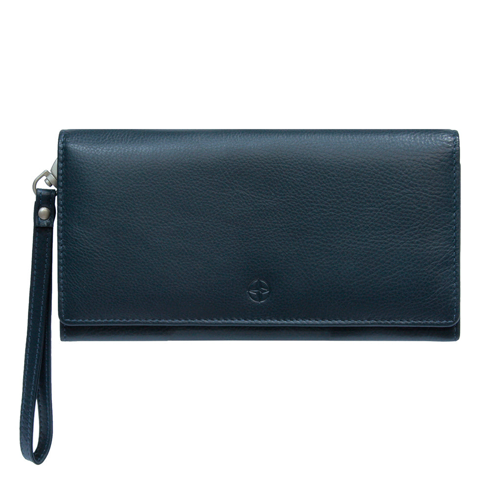 Navy Tony Perotti Cortina 5066 clutch wallet seen straight on, flap closed, with the detachable wrist strap on its snap hook