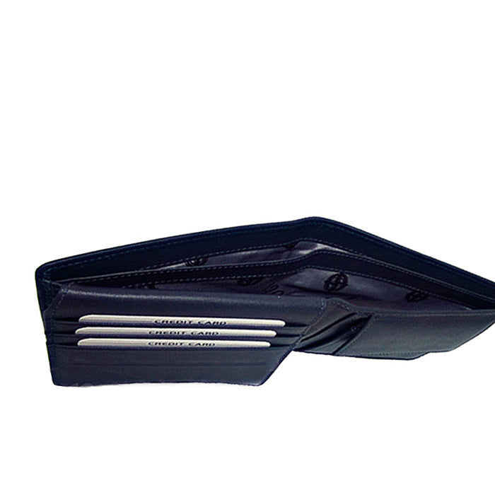 Navy Tony Perotti Cortina 5012 wallet seen open in profile — the layered card slots and the slim body