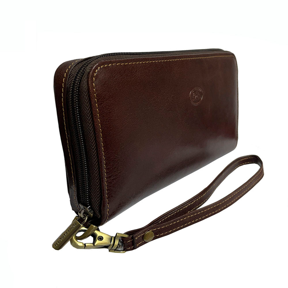 Angled view of the dark brown Italico 3528-21 — two zip-around compartments and wrist strap