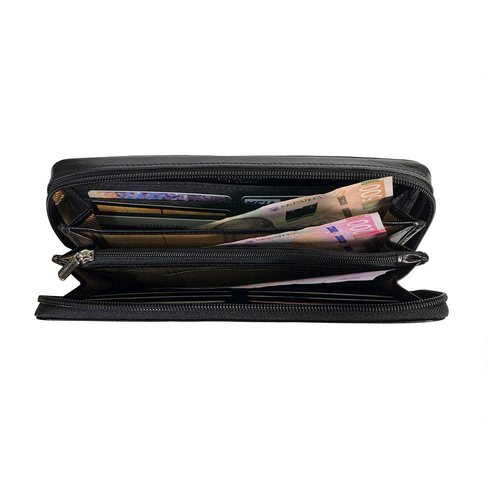 Inside the black Italico 3528-21 — card slots, bill sections and central zip coin pocket with cards and banknotes