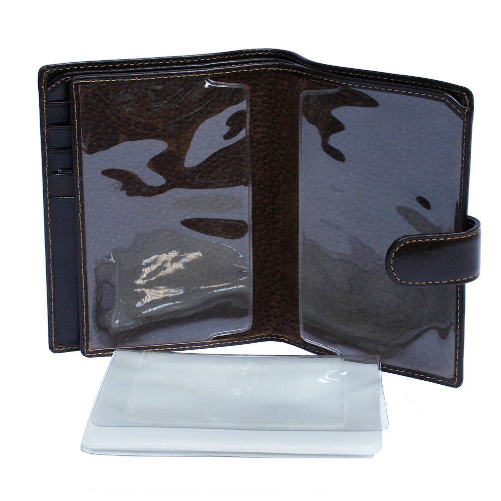 Tony Perotti Italico 2242 moro passport wallet with two clear sleeves on the inner leaf and the removable frosted insert booklet taken out
