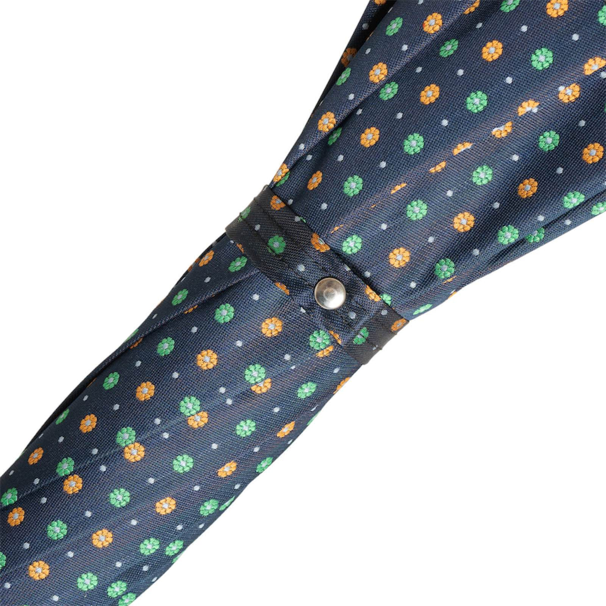 Navy canopy with small green and orange flowers and a fabric strap with silver-tone snap button