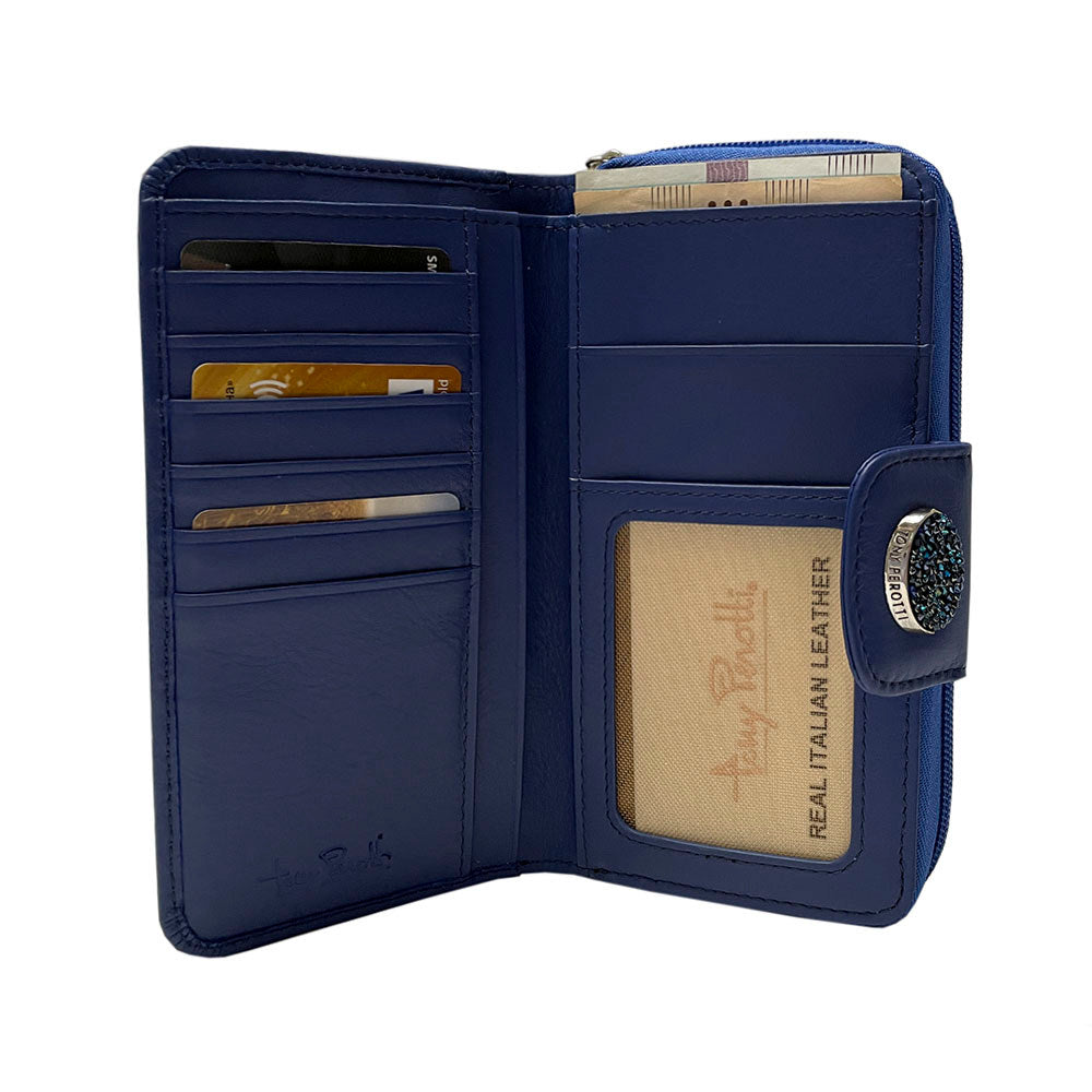 Blue Swarovski wallet open showing card slots and mesh ID window with insert