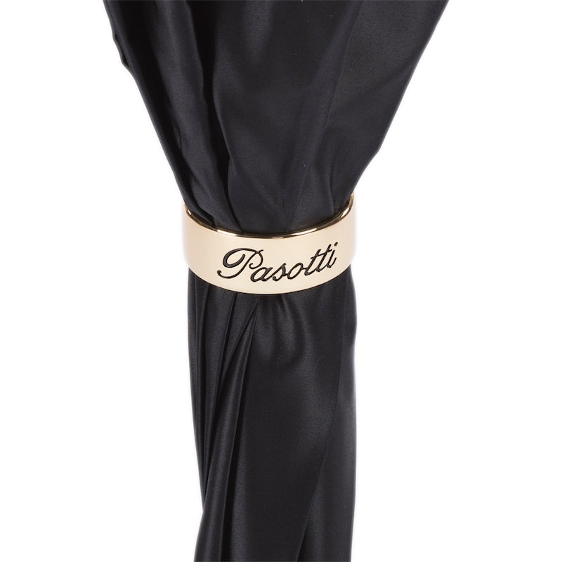 Pasotti name on the gold-tone ring of the furled umbrella, front view