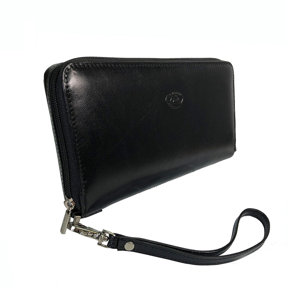 Black Italico 3528-21 wallet-clutch with the detachable wrist strap on a dark silver snap hook