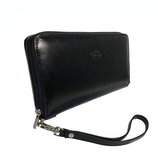 Black Italico 3528-21 wallet-clutch with the detachable wrist strap on a dark silver snap hook
