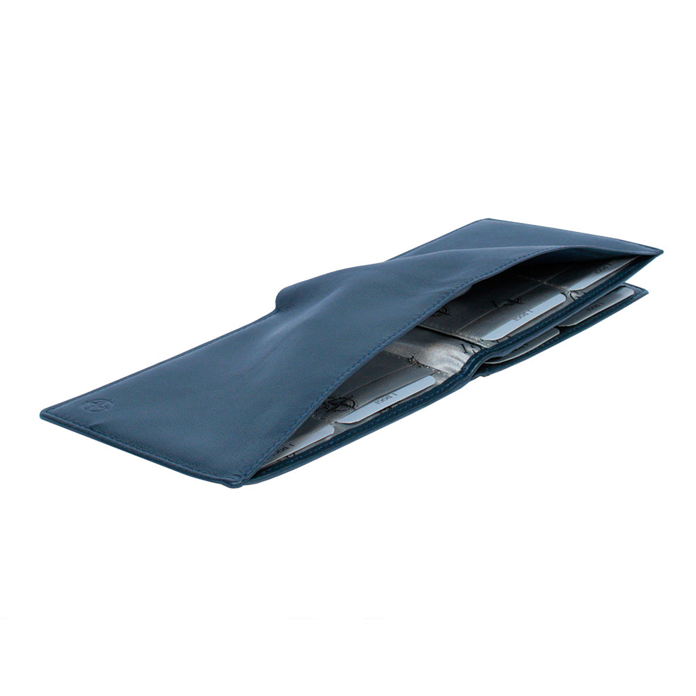 Navy leather bifold wallet ID window detail — Tony Perotti Cortina 5085