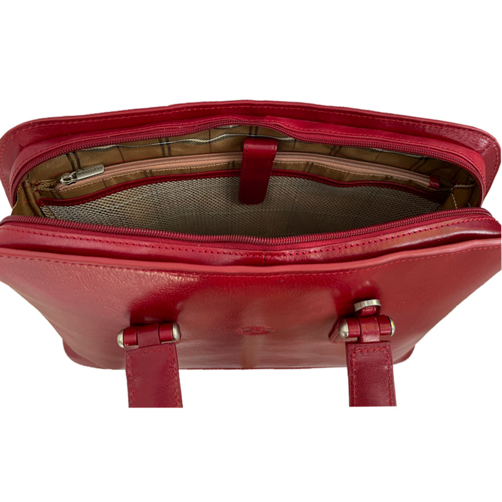 Tony Perotti Italico 8149 rosso bag opened at the top — zipped inner pocket and the woven olive-and-sand check lining