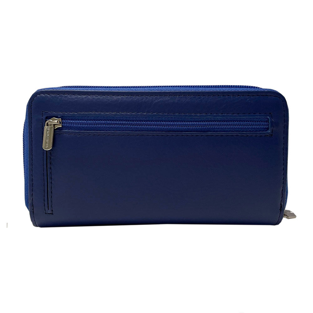 Back of the sapphire blue Swarovski wallet with zip coin pocket
