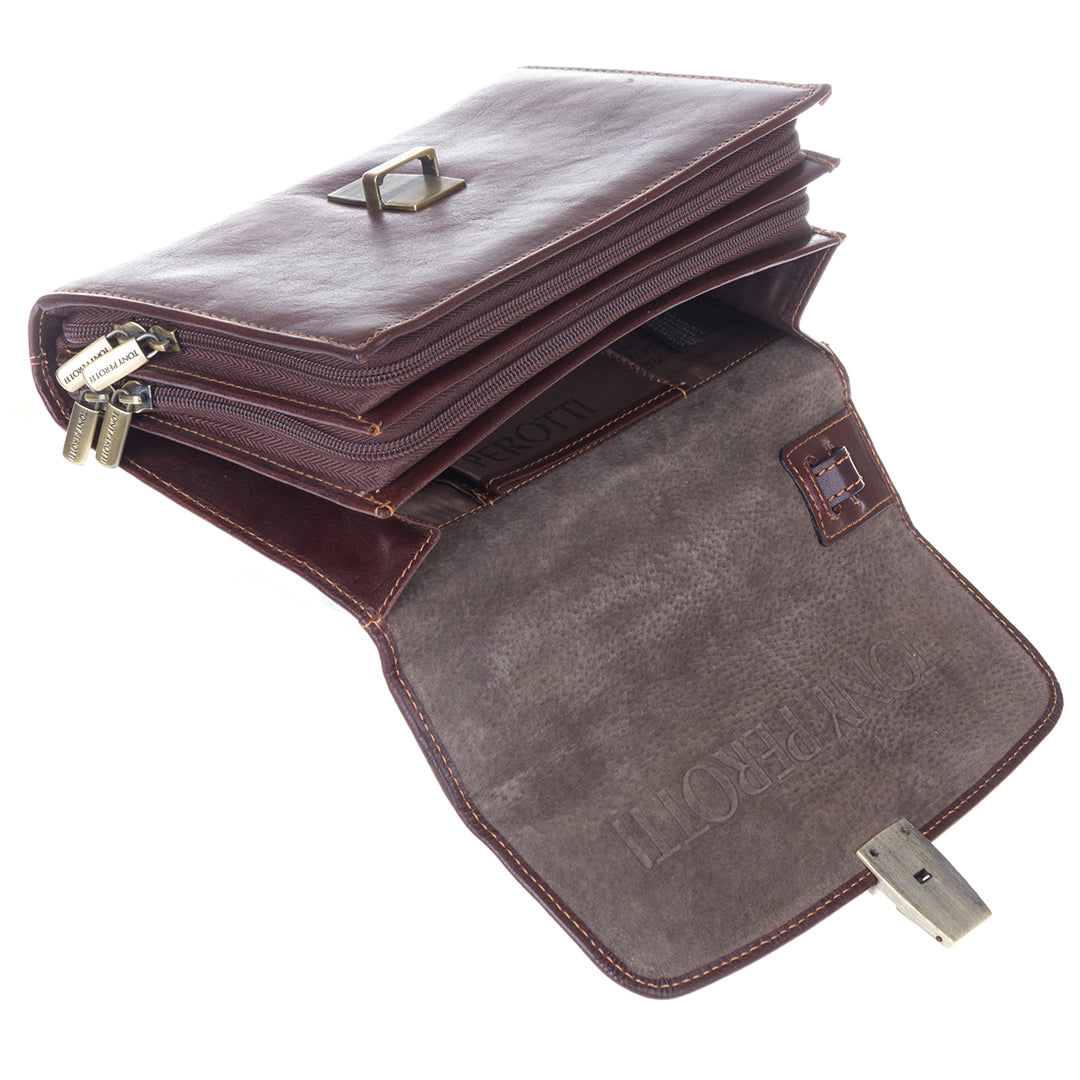 Top view of the open Italico 9337 — zip compartments with branded brass pullers and suede-lined flap