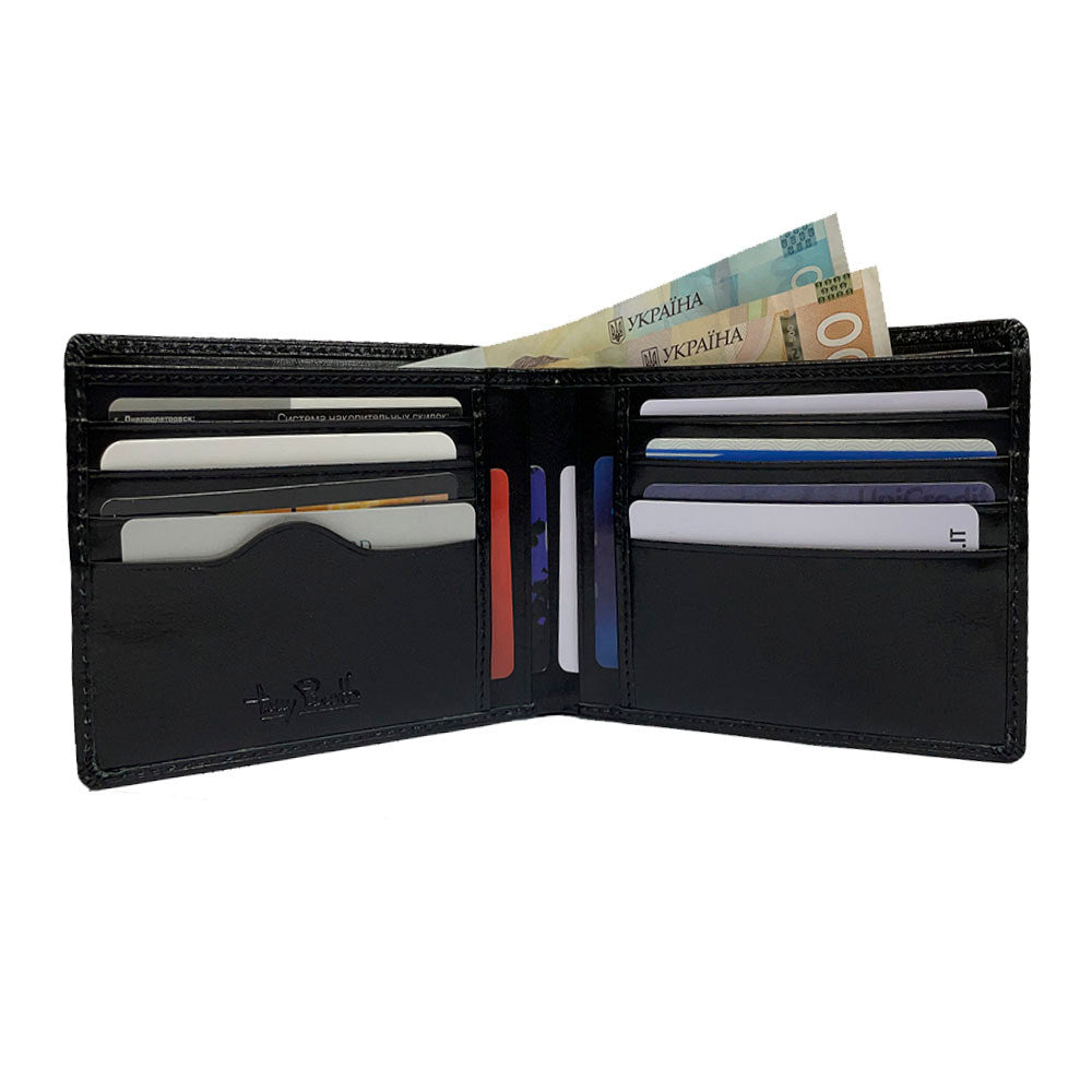 Open Tony Perotti black bifold wallet with 8 card slots, document pockets and banknotes
