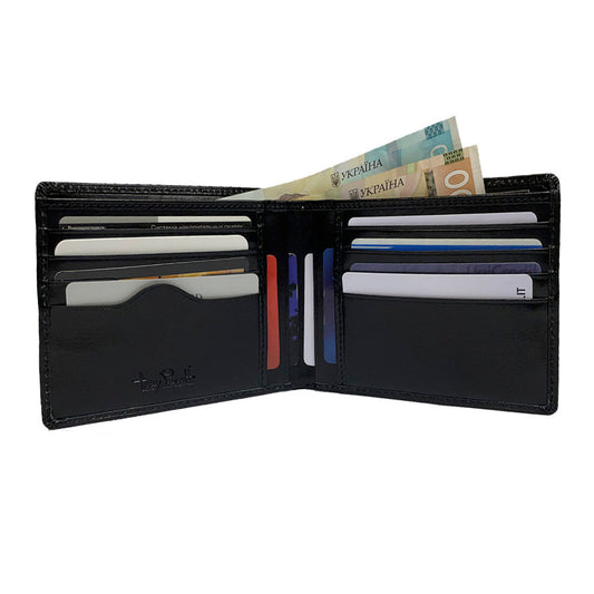 Open Tony Perotti black bifold wallet with 8 card slots, document pockets and banknotes