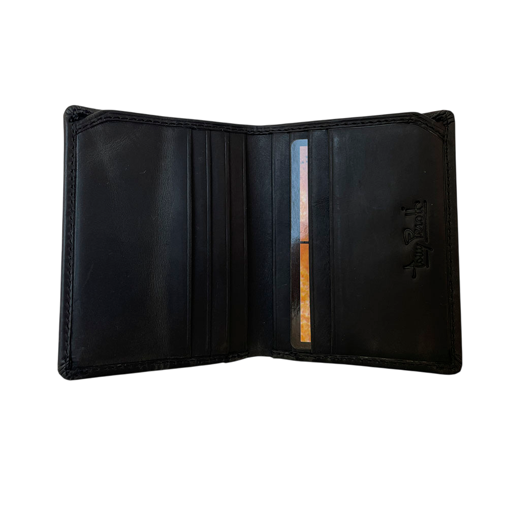 Tony Perotti Arno 1034N nero — half open with a single card in a slot, showing the empty rows