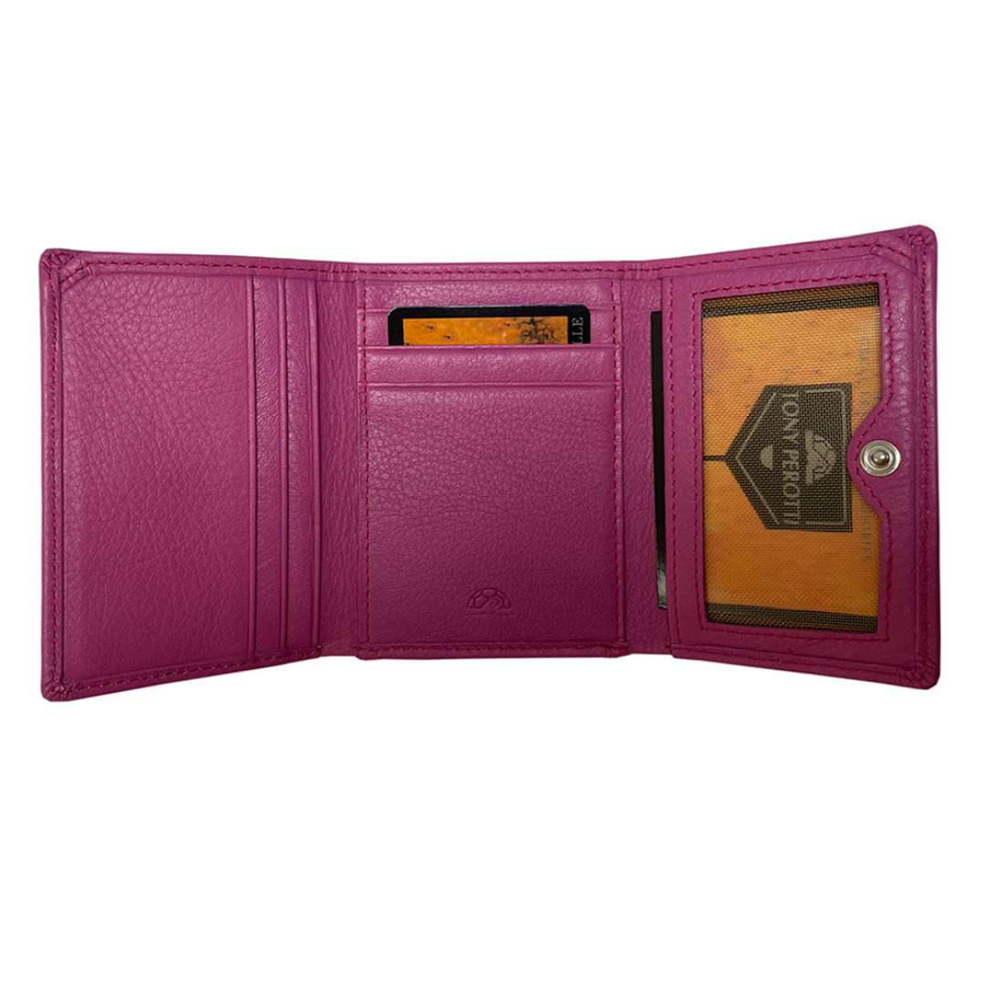 Open pink Tony Perotti trifold wallet with card slots and ID window
