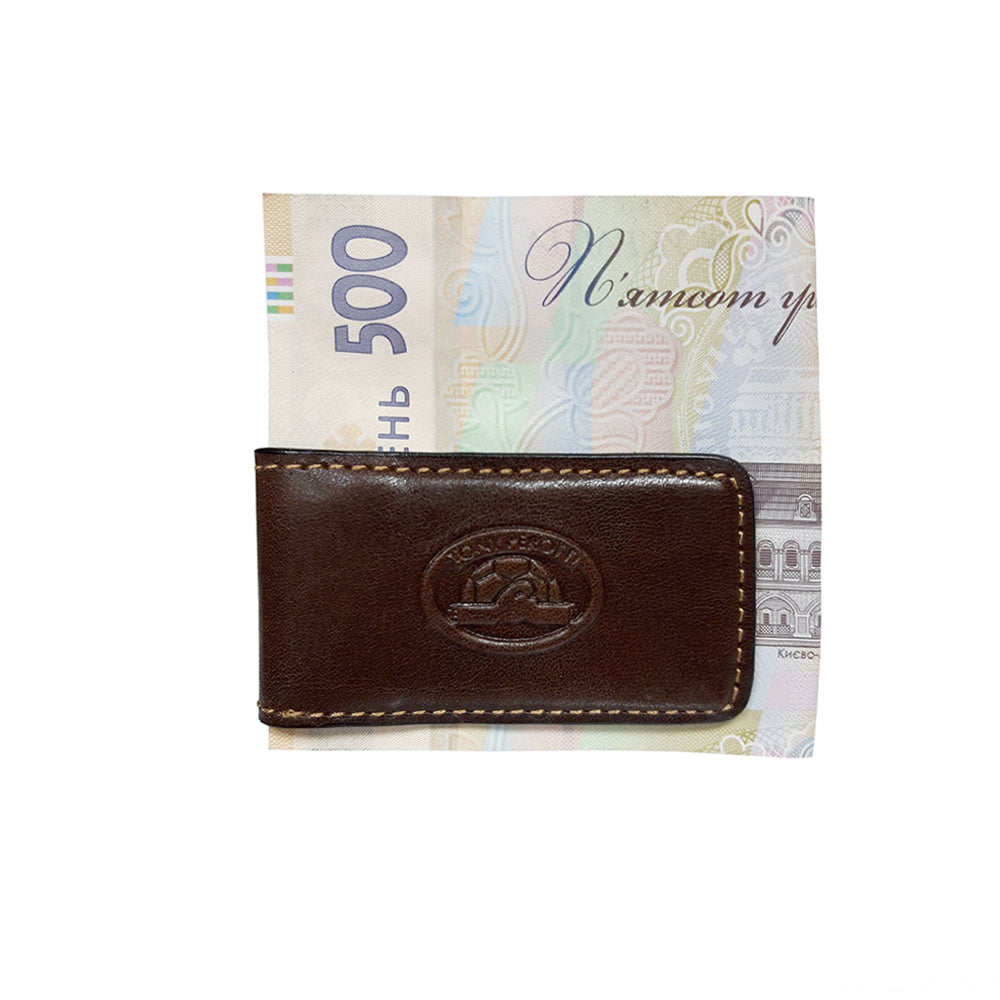 Tony Perotti dark brown bull leather magnetic money clip with turtle emblem — Italico 1201 moro