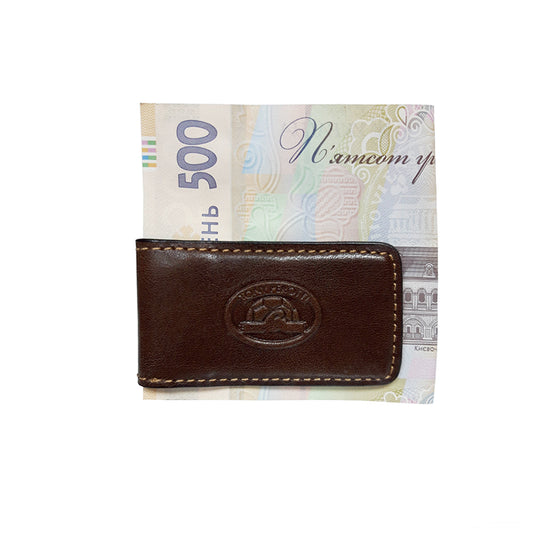 Tony Perotti dark brown bull leather magnetic money clip with turtle emblem — Italico 1201 moro