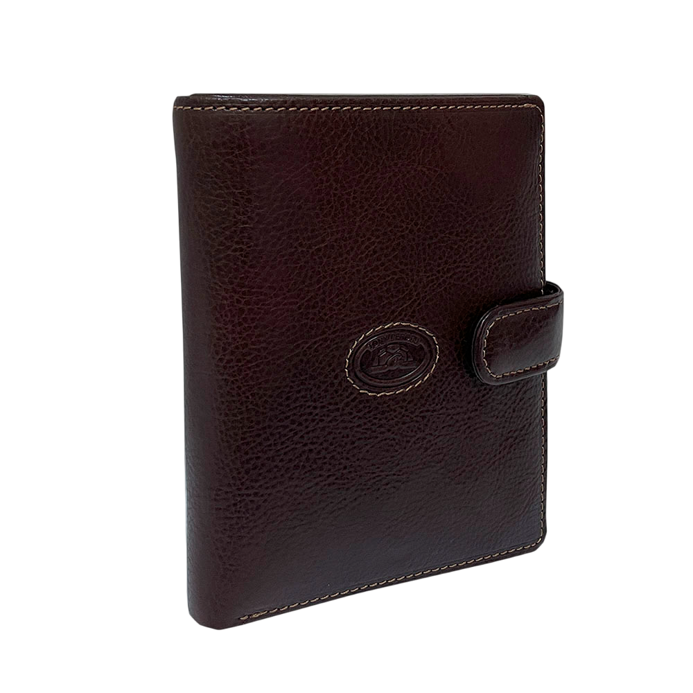 Angled view of the dark brown Tony Perotti Italico 3274A moro passport wallet showing the emblem and contrasting light-beige stitching