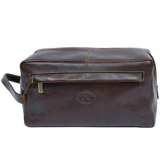 Tony Perotti brown bull leather toiletry bag with turtle emblem — Italico 8146 moro