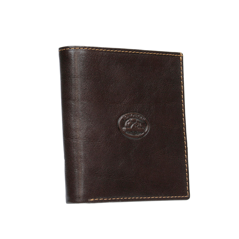Tony Perotti dark brown bull leather compact bifold wallet with turtle emblem — Italico 1619 moro