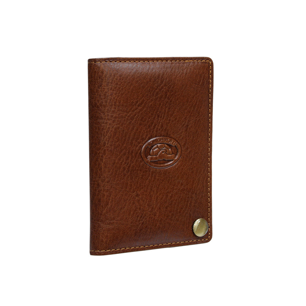 Tony Perotti cognac bull leather business card holder with turtle emblem — Italico 2028 cognac