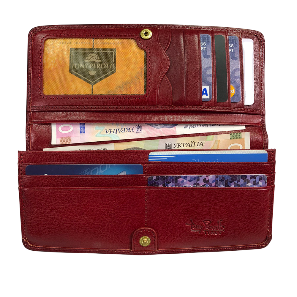 Open Tony Perotti red leather wallet with card slots, ID window and banknotes