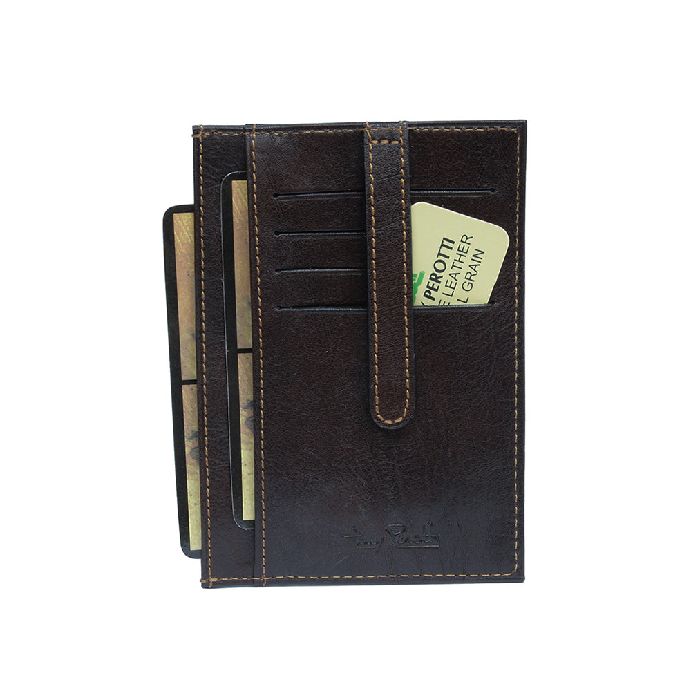 Dark brown leather card holder back panel with retaining strap and card slots — Tony Perotti Italico 1203 moro