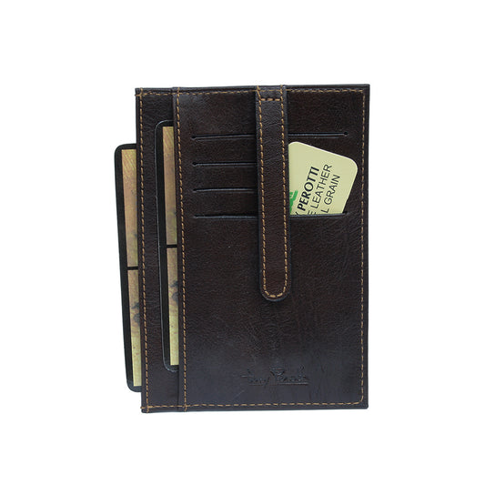 Dark brown leather card holder back panel with retaining strap and card slots — Tony Perotti Italico 1203 moro