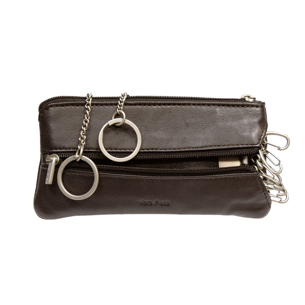 Tony Perotti Cortina 5021 moro — both compartments open: two key rings on chains on the left, six snap hooks on the right